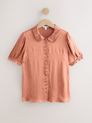 Бледно-розовый - Jacquard Peter Pan Collar Puff Sleeve Satin Blouse - Image 6 of 8