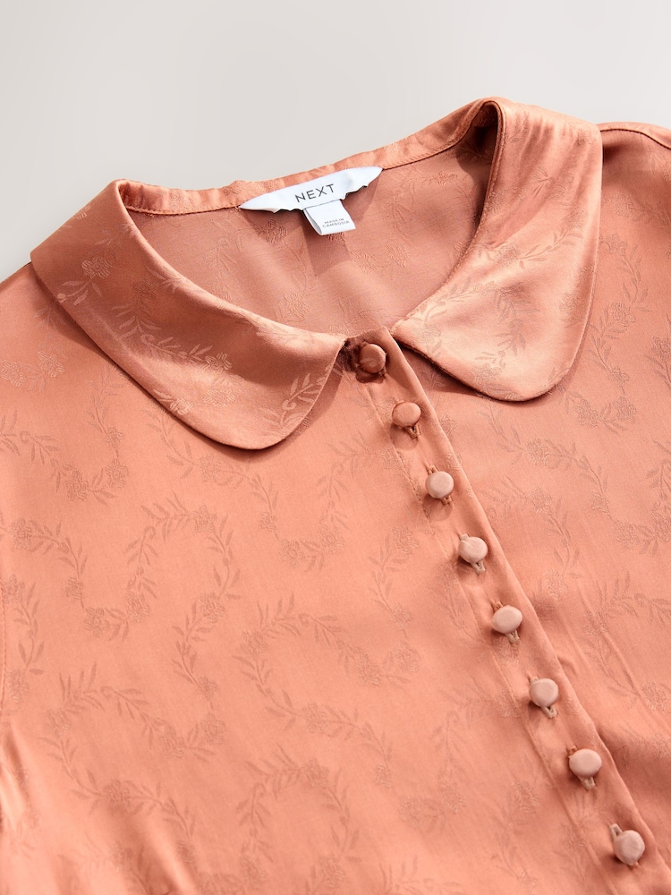 Бледно-розовый - Jacquard Peter Pan Collar Puff Sleeve Satin Blouse - Image 8 of 8