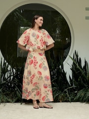 Ecru/Red Floral Print Drape Lightweight Maxi Skirt - Image 1 of 10