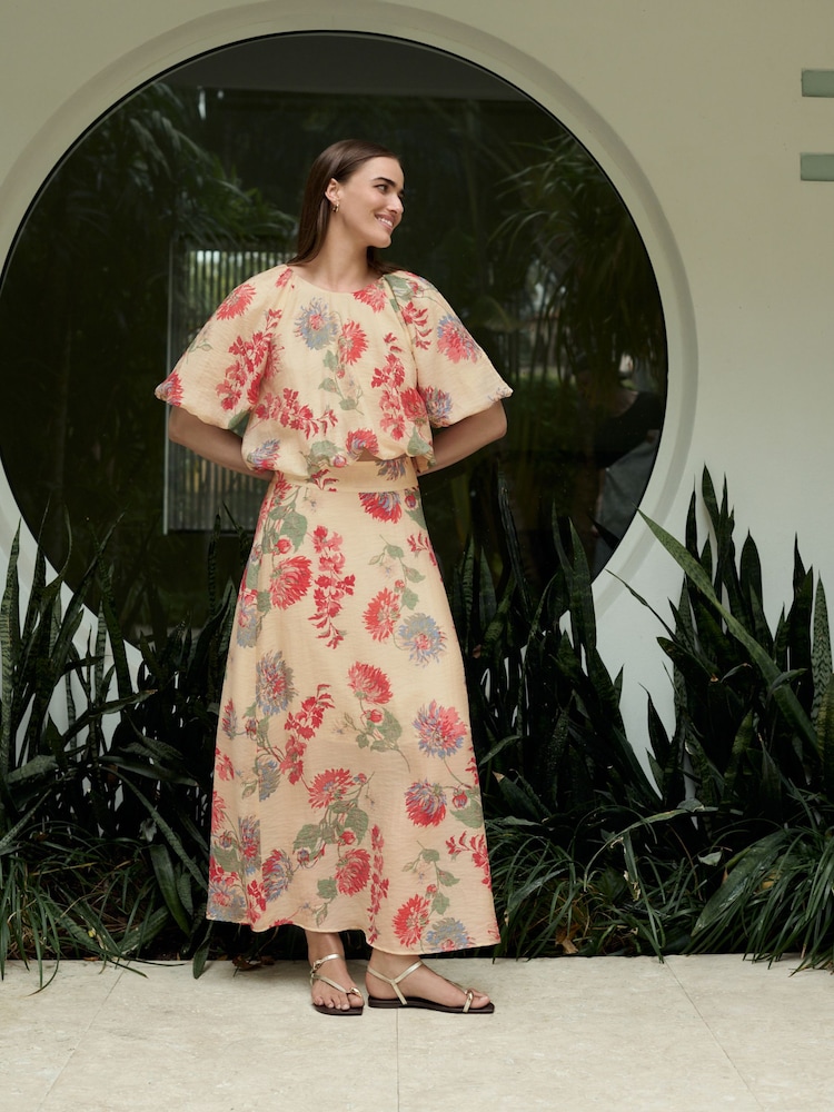 Ecru/Red Floral Print Drape Lightweight Maxi Skirt - Image 1 of 10