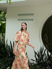 Ecru/Red Floral Print Drape Lightweight Maxi Skirt - Image 3 of 10