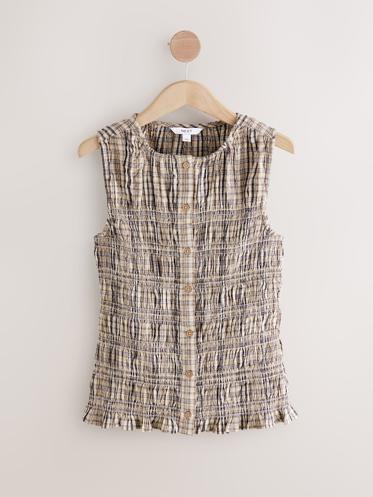 Neutral Check Sleeveless Button Down Smock Top - Image 1 of 3