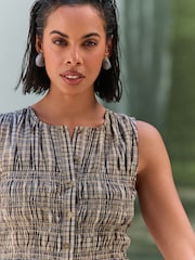 Neutral Check Sleeveless Button Down Smock Top - Image 4 of 7