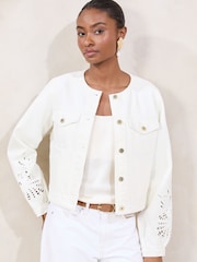 Lipsy White Collarless Denim Jacket With Sleeve Cutwork - Image 1 of 4
