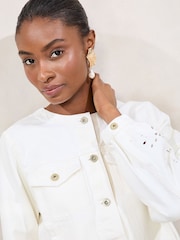 Lipsy White Collarless Denim Jacket With Sleeve Cutwork - Image 2 of 4