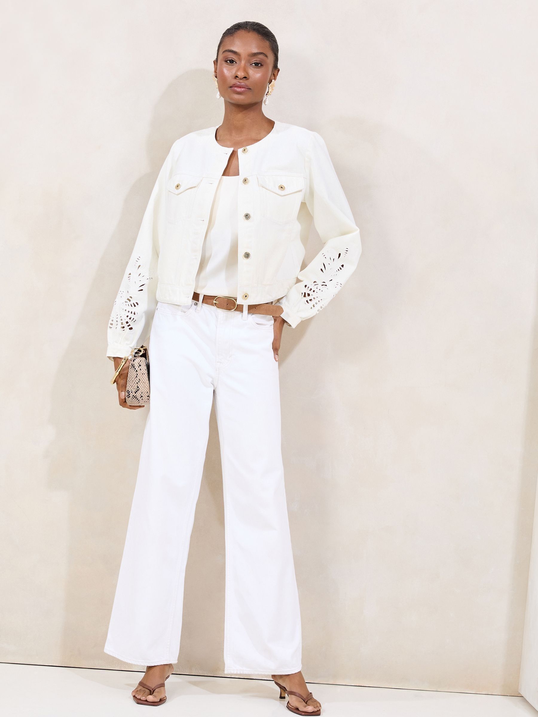 Buy Lipsy White Collarless Denim Jacket With Sleeve Cutwork from