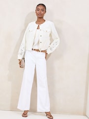 Lipsy White Collarless Denim Jacket With Sleeve Cutwork - Image 3 of 4