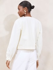 Lipsy White Collarless Denim Jacket With Sleeve Cutwork - Image 4 of 4