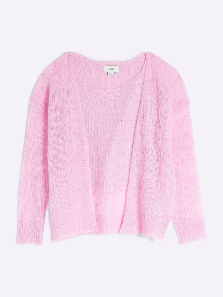 River Island Pink Girls 2 in 1 Diamante Cami Top Cardigan Set - Image 2 of 4
