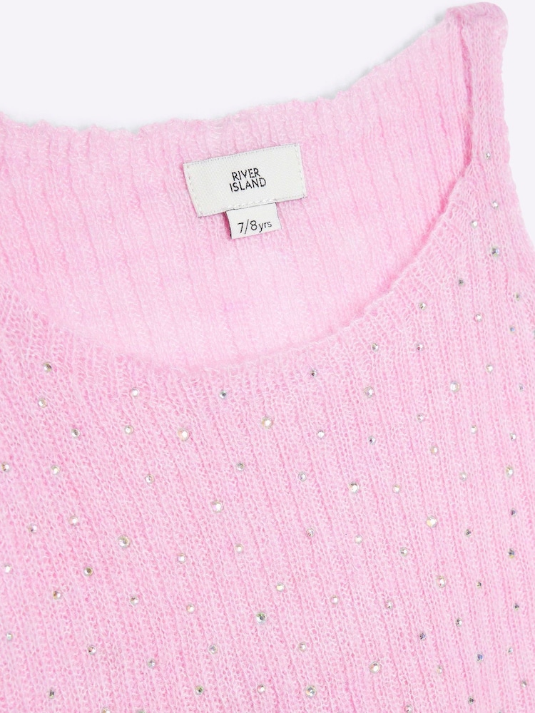 River Island Pink Girls 2 in 1 Diamante Cami Top Cardigan Set - Image 3 of 4