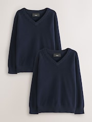 Navy 2 Pack Knitted V-Neck Jumpers (3-16yrs) - Image 1 of 7