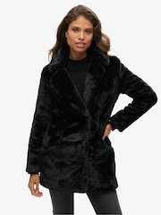 Superdry Black Fur Vintage Mid Faux Fur Coat - Image 1 of 4