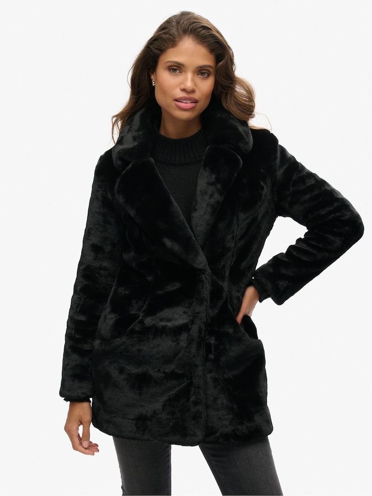 Superdry Black Fur Vintage Mid Faux Fur Coat - Image 2 of 4