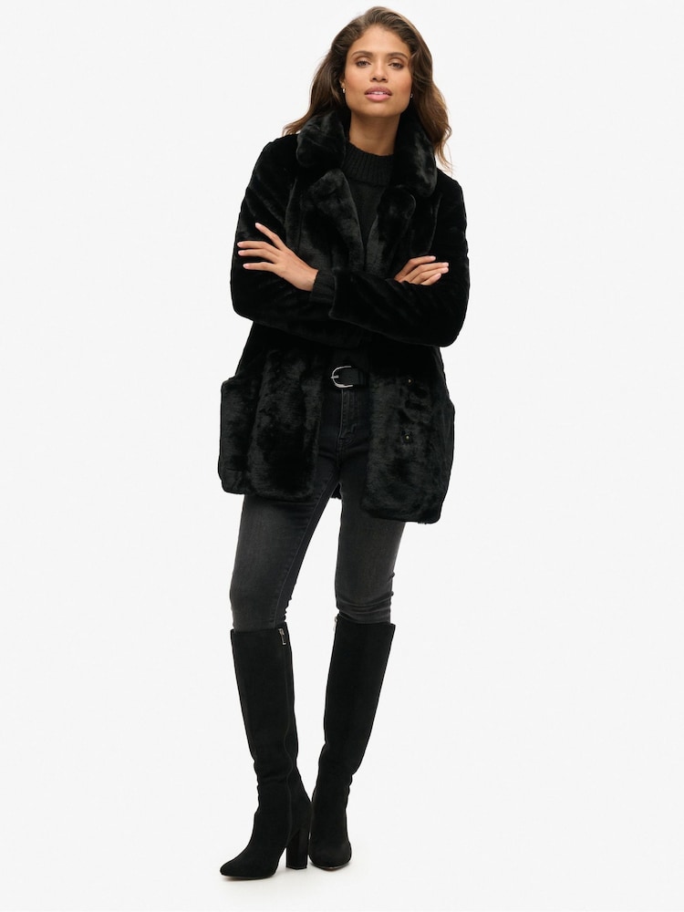 Superdry Black Fur Vintage Mid Faux Fur Coat - Image 4 of 4
