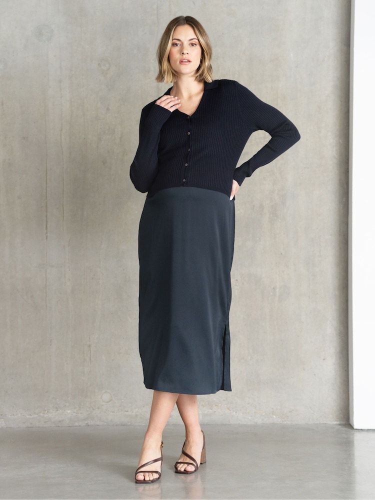Seraphine Blue Maternity & Nursing Rib Knit Cardigan with Slip Skirt - Image 1 of 5