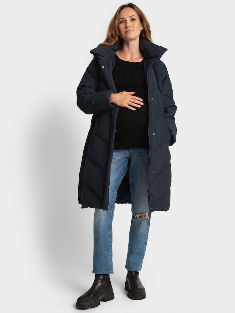 Seraphine Blue Mid-Length Chevron Maternity Puffer Coat - Image 1 of 5