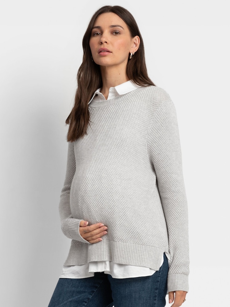 Seraphine Grey Maternity Knit Jumper with Woven Shirt - Image 1 of 6