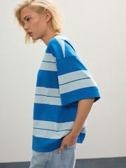 Blue/Light Blue Oversized Relaxed Fit Boxy Heavyweight Crew Neck T-Shirt - Image 1 of 7