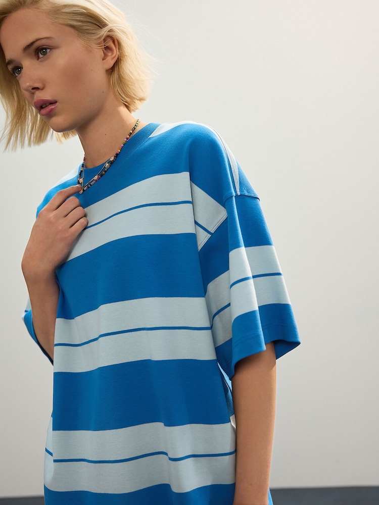Blue/Light Blue Oversized Relaxed Fit Boxy Heavyweight Crew Neck T-Shirt - Image 4 of 7