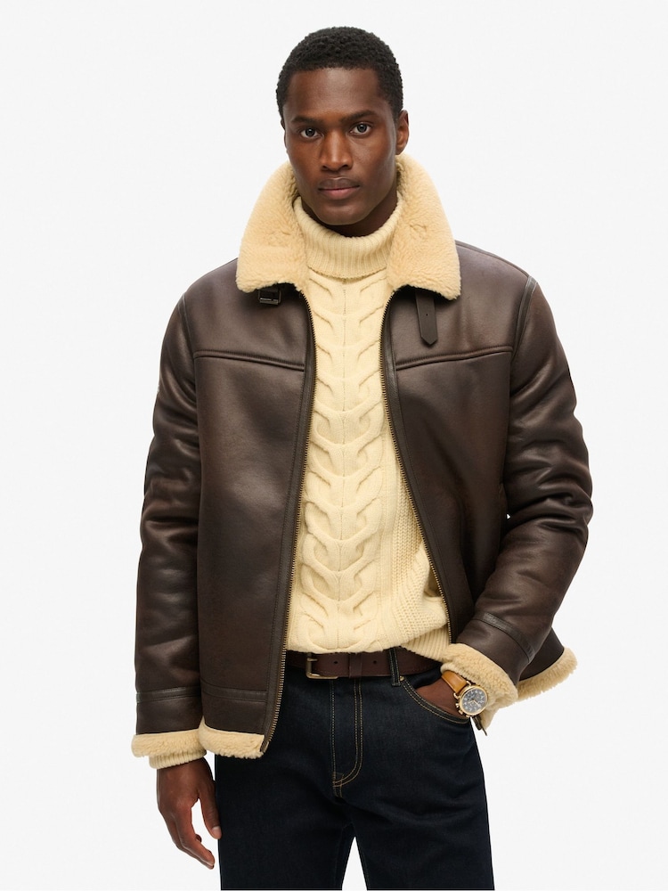 Superdry Brown Faux Shearling Aviator Jacket - Image 1 of 4
