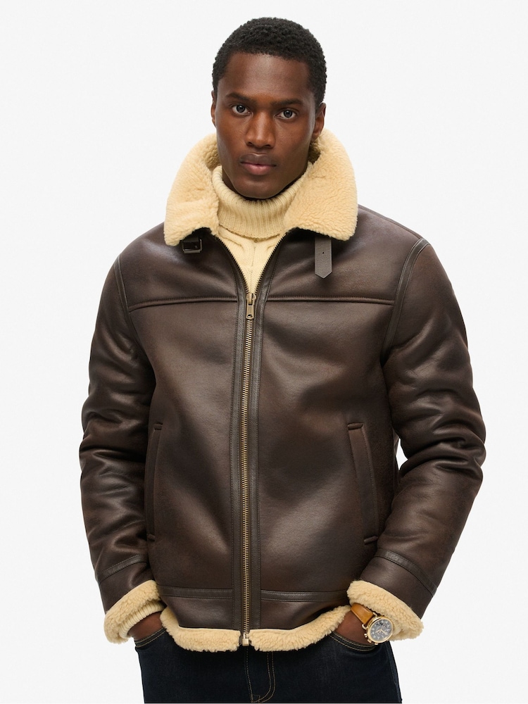 Superdry Brown Faux Shearling Aviator Jacket - Image 2 of 4