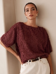 Chocolate Brown Textured Fringe Short Sleeve Crew Neck Top - Image 1 of 5