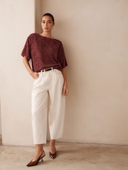 Chocolate Brown Textured Fringe Short Sleeve Crew Neck Top - Image 2 of 5