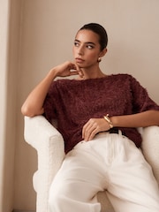 Chocolate Brown Textured Fringe Short Sleeve Crew Neck Top - Image 3 of 5