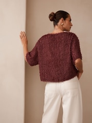 Chocolate Brown Textured Fringe Short Sleeve Crew Neck Top - Image 4 of 5