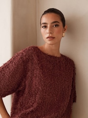 Chocolate Brown Textured Fringe Short Sleeve Crew Neck Top - Image 5 of 5