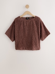 Chocolate Brown Textured Fringe Short Sleeve Crew Neck Top - Image 6 of 8