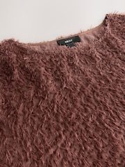 Chocolate Brown Textured Fringe Short Sleeve Crew Neck Top - Image 8 of 8