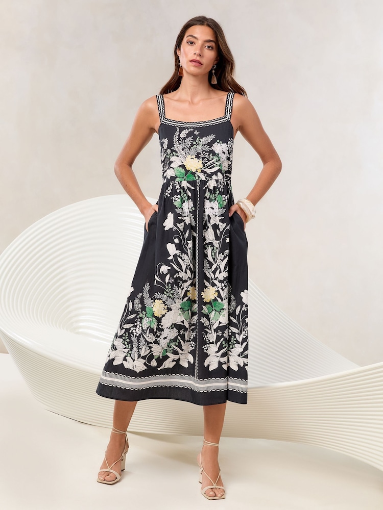 Lipsy Black Petite Floral Placement Print Square Neck Poplin Midi Dress - Image 1 of 4