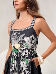 Lipsy Black Petite Floral Placement Print Square Neck Poplin Midi Dress - Image 2 of 4