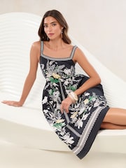Lipsy Black Petite Floral Placement Print Square Neck Poplin Midi Dress - Image 3 of 4