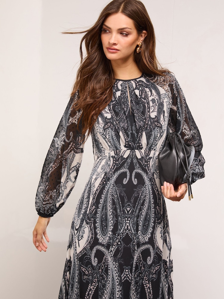 Lipsy Black/White Long Sleeve Gathered Waist Midi Dress - Image 2 of 4 Lipsy Black/White Long Sleeve Gathered Waist Midi Dress - Image 2 of 4