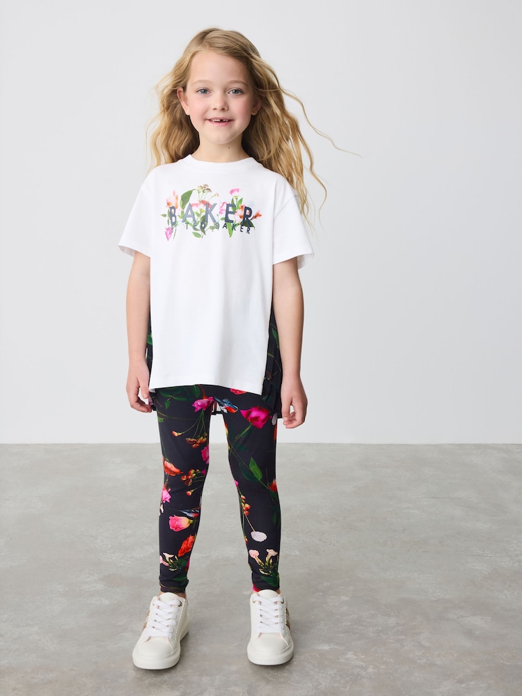 Baker by Ted Baker Navy Pleated Back Floral Print T-Shirt and Leggings Set 2 Piece - Image 1 of 11