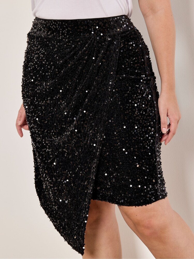 Apricot Black Velvet Sequin Long Sleeves Dress - Image 2 of 5