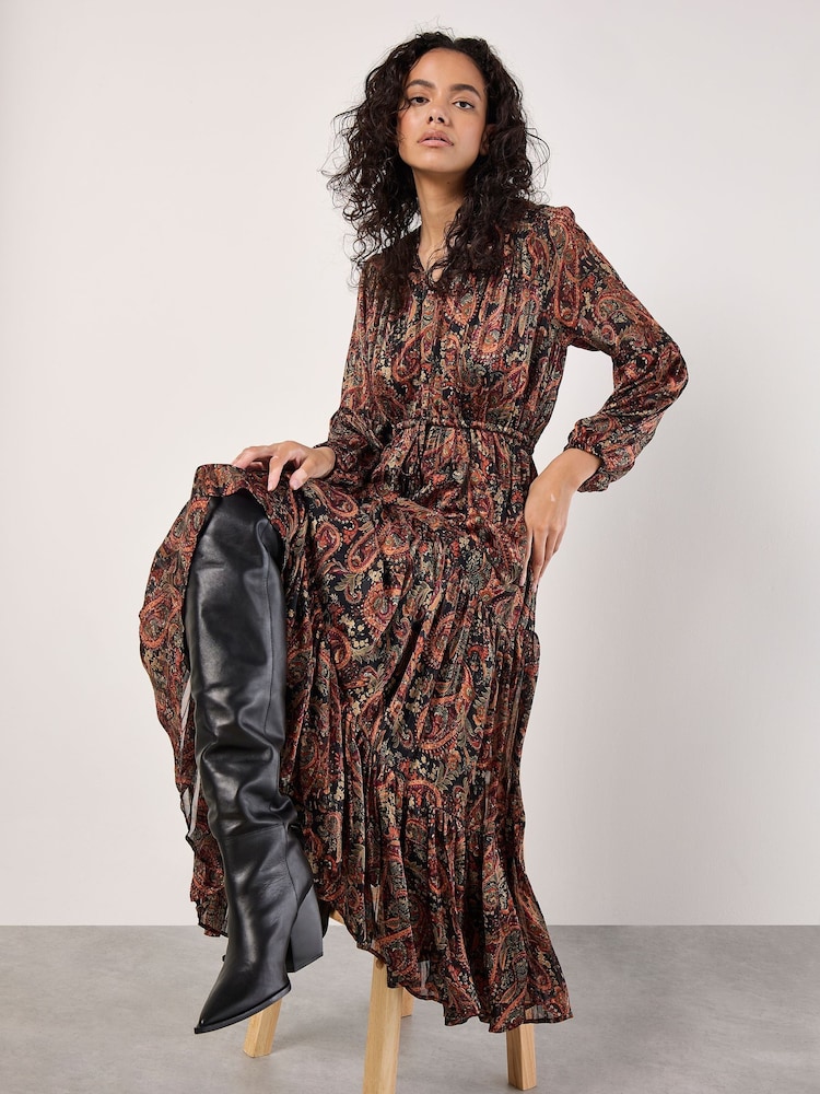 Apricot Black Painterly Metallic Thread Paisley Midaxi Dress - Image 1 of 4