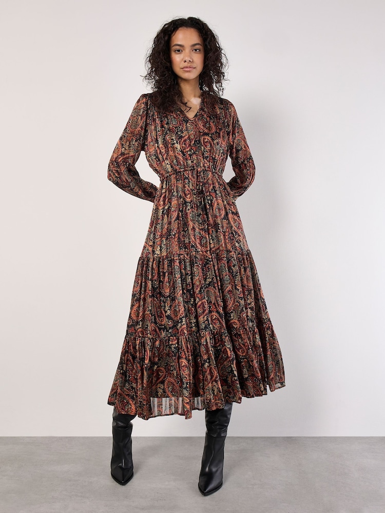 Apricot Black Painterly Metallic Thread Paisley Midaxi Dress - Image 2 of 4