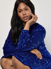 Apricot Blue Velvet Sequin Long Sleeves Dress - Image 3 of 5