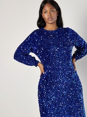 Apricot Blue Velvet Sequin Long Sleeves Dress - Image 5 of 5