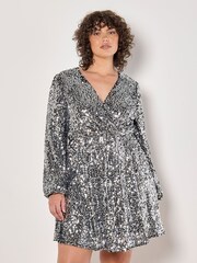 Apricot Grey Sequin Faux Fur Wrap Puff Sleeves Dress - Image 1 of 5
