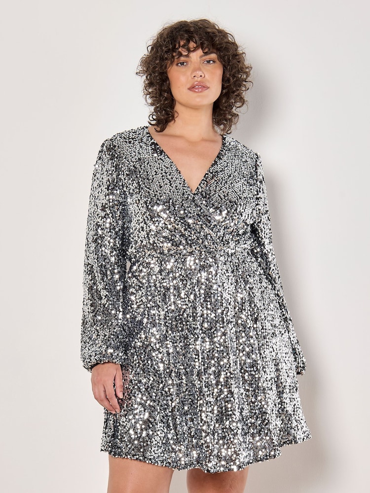 Apricot Grey Sequin Faux Fur Wrap Puff Sleeves Dress - Image 1 of 5