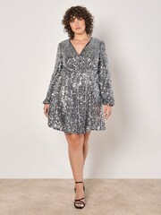 Apricot Grey Sequin Faux Fur Wrap Puff Sleeves Dress - Image 2 of 5