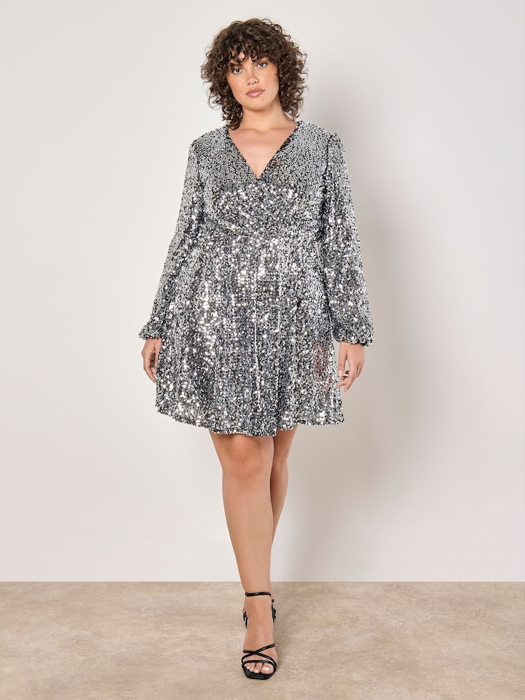 Apricot Grey Sequin Faux Fur Wrap Puff Sleeves Dress - Image 2 of 5