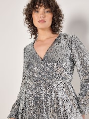 Apricot Grey Sequin Faux Fur Wrap Puff Sleeves Dress - Image 5 of 5