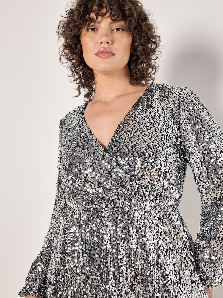 Apricot Grey Sequin Faux Fur Wrap Puff Sleeves Dress - Image 5 of 5