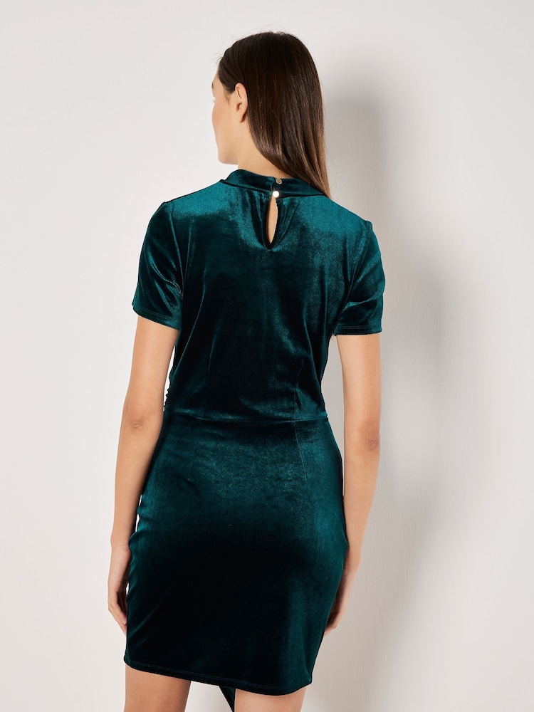 Apricot Green Velvet High Neck Ruched Mini Dress - Image 2 of 4 Apricot Green Velvet High Neck Ruched Mini Dress - Image 2 of 4