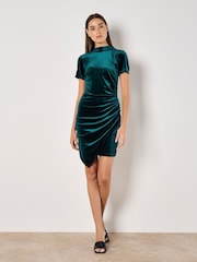 Apricot Green Velvet High Neck Ruched Mini Dress - Image 3 of 4
